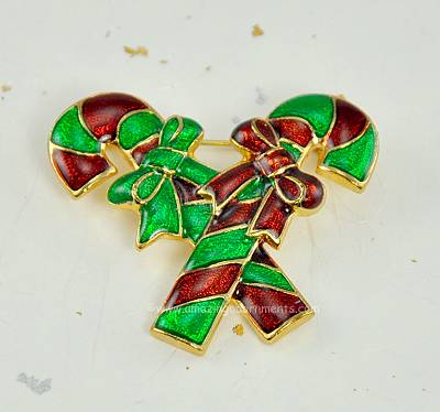 Festive Red and Green Enamel Christmas Double Candy Cane Brooch