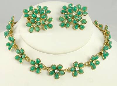 Summery Vintage Plastic Green Flower Blossom Demi Parure with Rhinestones Signed CORO