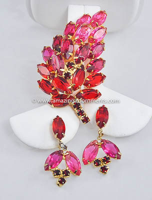 Knockout Vintage Red and Pink Rhinestone Leaf Brooch and Earring Set