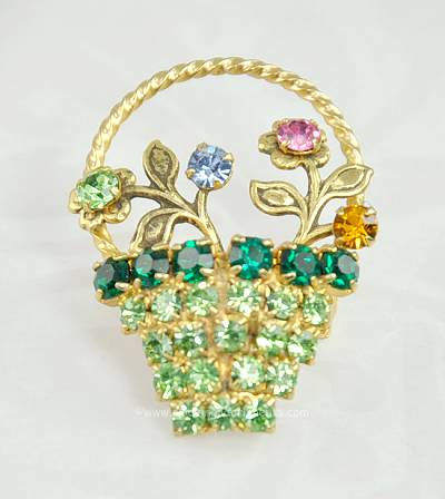 Petite Vintage Unsigned Rhinestone Flower Basket Pin