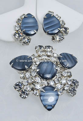 Vintage Navy Striped Plastic Stone and Rhinestone Brooch and Earring Set