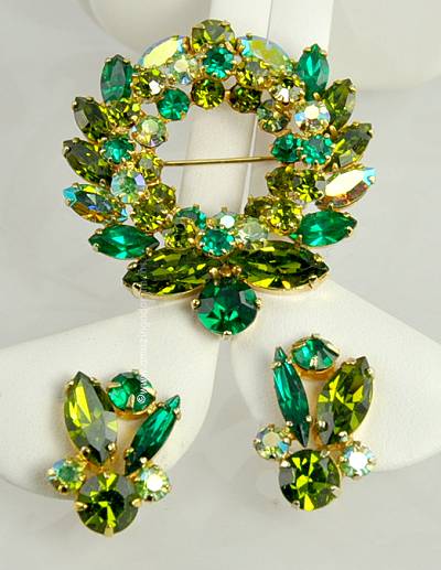 Vintage Shades of Green Rhinestone Wreath Brooch and Earring Demi- parure