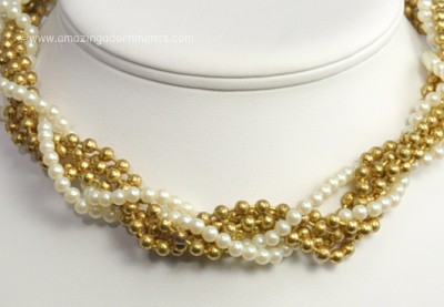 Chic Faux Pearl and Gold- tone Metal Bead Torsade Signed CADORO