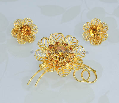 Vintage Unsigned Amber Rhinestone Flower Brooch and Earring Set