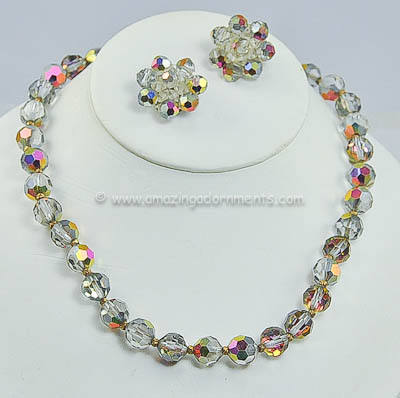 Glamourous Vintage Smokey Aurora Borealis Crystal Necklace and Earring Set