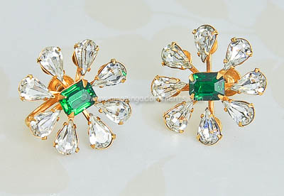 Vintage Emerald Green and Icy Clear Rhinestone Earrings