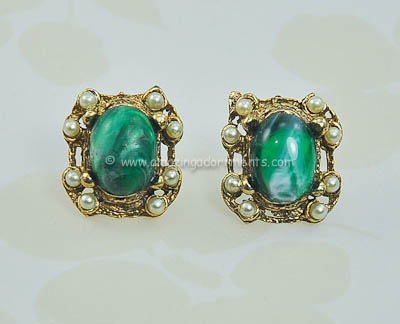 Intricate Vintage Green and White Cabochon and Faux Pearl Earrings