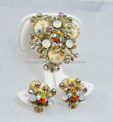 Loaded Vintage Rhinestone and Glass Flower Brooch and Earring Set