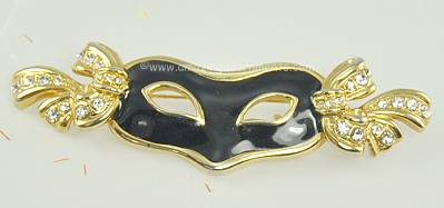 Party Time Black Enamel and Clear Rhinestone Mask Brooch