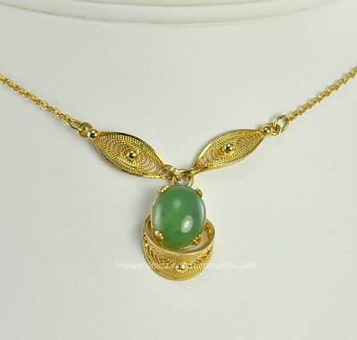Lovely Signed SORRENTO Gold Filled Necklace with Filigree and Jade Colored Stone