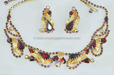 Vintage Red and Purple Rhinestone Set with Metal Accents