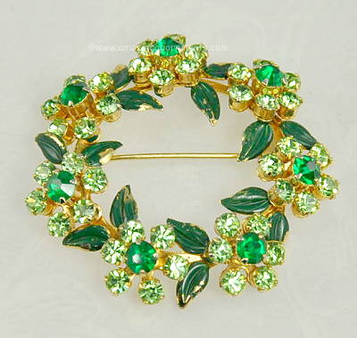 Picturesque Vintage Green Rhinestone and Enamel Floral Wreath Brooch