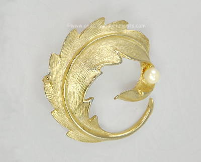 Vintage Unsigned Curling Leaf Brooch with a Faux Pearl