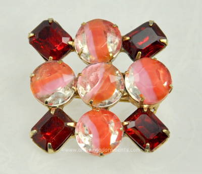 Spectacular Vintage Ruby Red and Pink Striped Art Glass Brooch