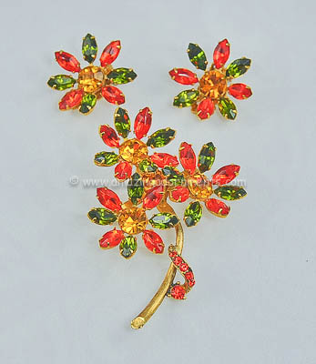 Vintage Unsigned Autumn Hued Rhinestone Brooch and Earring Set