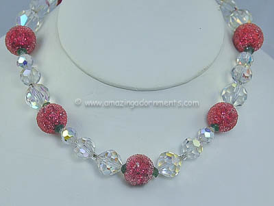 Incredible Vintage Crystal and Red Sugar Bead Berry Necklace Signed VENDOME