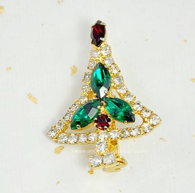 Precious Petite Christmas Tree Pin with Colored Navettes and Clear Chatons