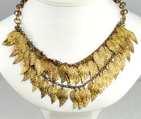 Noteworthy Unsigned MIRIAM HASKELL? Golden Leaf Drops Motif Bib Necklace